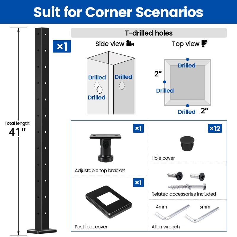 Muzata Black Corner Cable Railing Post 42 Inch 42"x2"x2" T-drilled
