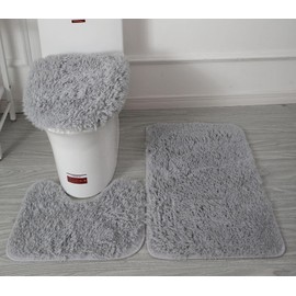 Soft Microfiber Bathroom Rugs Sets 3 Piece, Bath Rug + Contour Mat + Toilet Seat Cover, Non-Slip Bathroom Rugs with PVC Point Flannel Backing, Water Absorbent Solid Light grey
