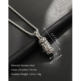 Om Mani Padme Hum Tibetan Buddhist Necklace, Stainless Steel Meditation and Healing, Lucky Six-Word Totem Column Pendant Jewelry for Men and Women