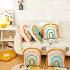 YDBDAT Set of 2 Boho Rainbow Decorative Textured Throw Pillow Covers 18x18 Farmhouse Colorful Tufted Pillow Covers with Tassels Woven Cushion Case for Sofa Bed Living Room Hallowmas Pink