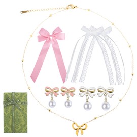 RLINZU Bow Coquette Jewelry Set 6PCS, Gold Bow Necklace, Pearl Bow Earrings, Pink & White Bows for Hair for Women Coquette Accessories Trendy Gifts Coquette Stuff, Christmas Gifts