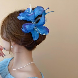 Rannyrena Artificial Flower Hair Claw Clips for Women Large Hawaiian Orchid Non-Slip Hair Barrettes for Beach Seaside Party Tropical Flower Hair Accessories (Blue Lily)