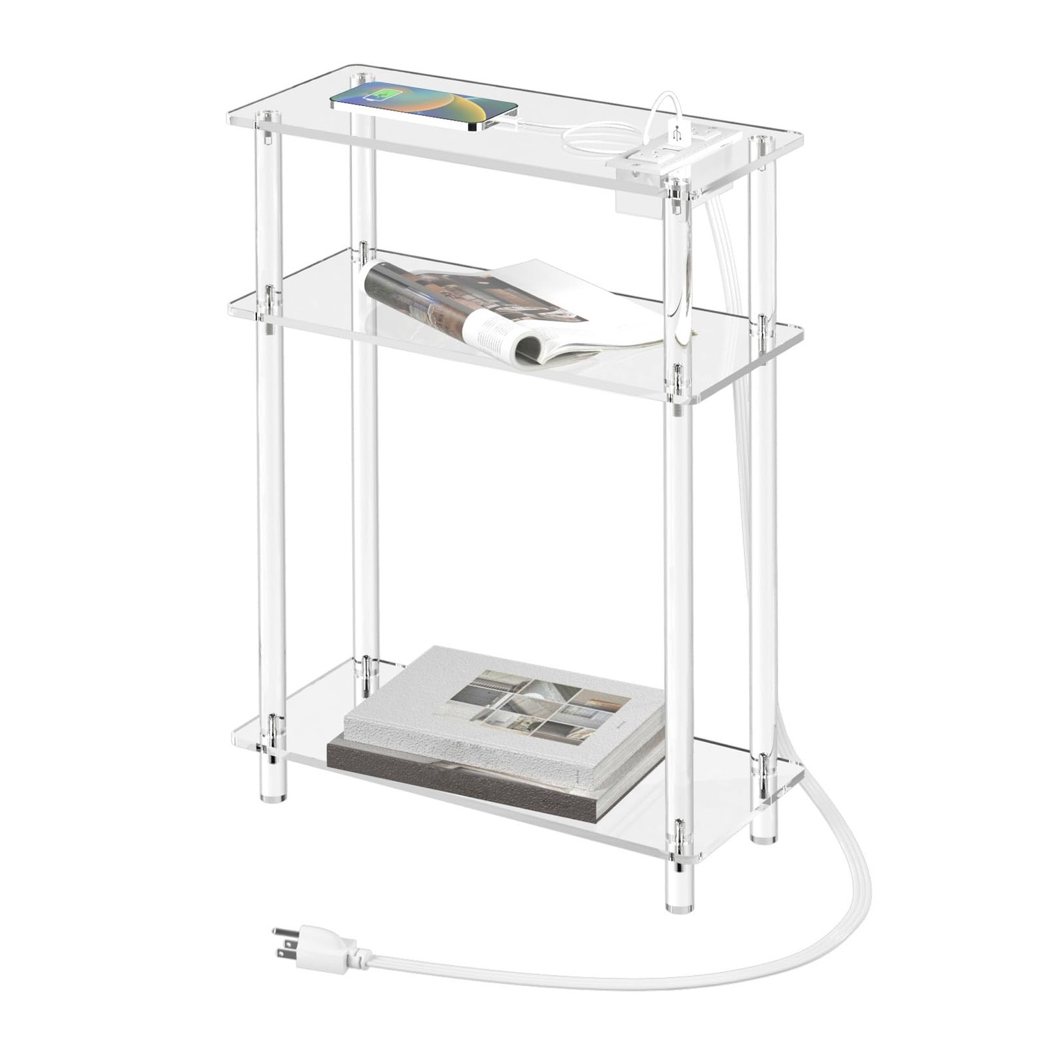 HMYHUM Acrylic Narrow Side Table with Charging Station, 7" Width, 3 ...