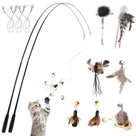 LELE LIFE 70'' Ultra Long Cat Wand Toy for Full Fun, Interactive Cat Toys for Indoor Cats Kitten, 2Pcs Retractable Flexible Poles and 8Pcs Cat Feather Toys Bell Teaser Refills, 2Pcs String Refills