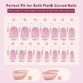 150Pcs White French Tip Press on Nails Medium Coffin Fake Nails In15 Sizes 3 IN 1 Soft Gel Nail Tips Pink Glossy Reusable Acrylic Nails No Need to File False Nails for Women Girls Manicure