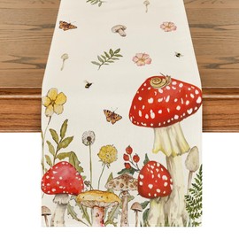 Artoid Mode Mushroom Wildflowers Spring Table Runner, Seasonal Summer Bees Butterfly Kitchen Dining Table Decoration for Home Party Decor 13x36 Inch
