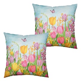 Kwlegh Tulip Pillow Covers 18x18 Set of 2 Spring Throw Pillow Covers Pink Yellow Tulip Floral Outdoor Pillowcase Watercolor Cotton Linen Cushion Case for Sofa Outdoor Patio