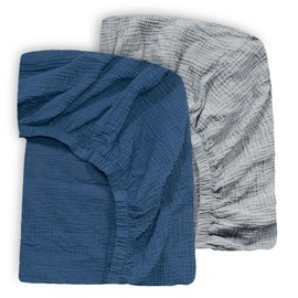 Ultra Soft Muslin Crib Sheets for Baby, Premium Breathable Organic Cotton Crib Fitted Sheet for 52’’x28’’Standard Crib and Toddler Mattress,Grey&Navy Blue