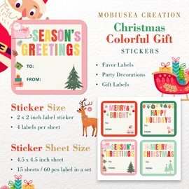 Mobiusea Creation Christmas Gift Tags Labels | Colorful Cute Design | 2 Inch | 60 Pcs Christmas Gift Labels | Assortments Holiday Design with Santa, Christmas Tree and Present Design Christmas Labels