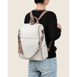 FADEON Leather Backpack Purse for Women Designer Travel Backpack Purses PU Fashion Ladies Shoulder Bag with Tassel White