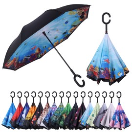 Wxjiahetai Inverted Reverse Umbrella with C-shaped Handle Windproof Upside Down Umbrellas for Rain Double Layer Hands Free Umbrella for Women and Men (Underwater World)