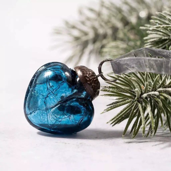 Handcrafted Christmas Handmade 1” Crackle Teal Heart Ornaments 6 pc