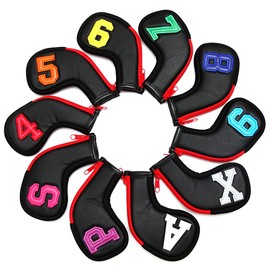 SHABIER Colorful Number Golf Iron Head Covers Iron Headovers Wedges Covers 4-9 ASPX 10pcs (Black with Zipper)