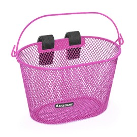 ANZOME Children's Bicycle Basket, Metal Bicycle Basket Front Children for Girls and Boys, Handlebar Basket with Velcro Fasteners, Waterproof, Removable, Gifts for Children, Pink