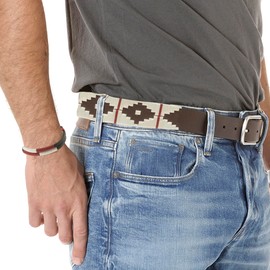 PELPE Argentine Leather Belt with Matching Lanyard and Leather Bracelet Embroidered Leather Belt for Men and Women Polo Argentina Belts, Beige-Red, 100 cm