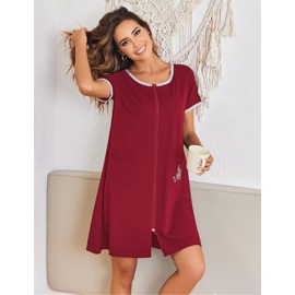 Ekouaer Zip Up Robes for Women Short Sleeves Zipper House Coat Short Bathrobes Lightweight Nightgown with Pockets S-3XL