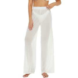 Awoscut Women See Through Sheer Mesh Pants Beach Swimsuit Bikini Bottom Cover up Party Club Elastic High Waist Wide Leg Pants (White, S)