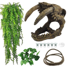 kathson Resin Sabertooth Tiger Skull Bearded Dragon Hideout Skull Reptile Jungle Climbing Vine Flexible Leaves Decor for Small Animals Leopard Gecko Lizard Chameleon Spider