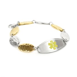 My Identity Doctor - Women's Customized Medical ID Bracelet with Engraving - 1.5cm Gold Tone Steel Petals - Yellow - Wrist Size 6 Inch