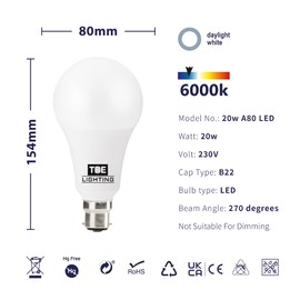 TBE LIGHTING 20W LED A80 Bulb - B22 Standard Bayonet Fitting, 150w Equivalent Non-Dimmable Energy Saving LED A80 Bulb, 1800 Lumen Output, 20,000Hrs Life Expectancy (6000K Daylight White)
