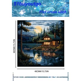 51buyoutgo Lakeside Landscape 11ct Cross Stitch, 11 Count Counted Stamped Pre Printed Cross Stitch Embroidery Kits for Adults Beginners Starter Advanced Easy Crossstitch Patterns Set 40 x 40 cm
