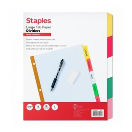 Staples Large Tab Write & Erase Paper Dividers, 5‑Tab, Multicolor, Reinforced Binder Index Dividers