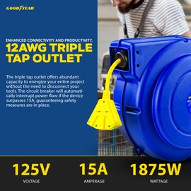 Goodyear Extension Cord Reel Retractable 12AWG x 65' Foot 3C/SJT Heavy Duty Commercial Cable Triple Tap Connector Power 15A 125VAC 1875W