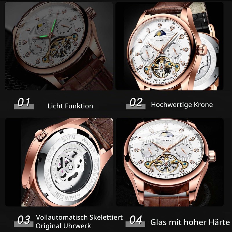 RORIOS Men's Automatic Tourbillon Watch Diamond Skeleton Watch Waterproof Mechanical