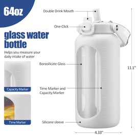 BLUEGO 64oz Glass Water Bottle with Handle and Straw, Motivational Sports Water Bottle with Time Marker and Silicone Sleeve Leakproof Drinking Bottle for Travel Gym Workout, White
