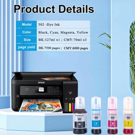 TAAUS T502 Ink Bottle Replacement 502 use for Epson Expression ET-2700, ET-2750, ET-2850, ET-3700, ET-3800, ET-4750, ET-4850 ET-2760 ET-3700 ET-3710 ET-3750 ET-3760 ET-4760 (1B 1C 1M 1Y)