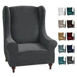 CHELZEN Stretch Velvet Wingback Chair Slipcover 1-Piece Soft Stylish Plush Slipcover for Wingback Chairs with Elastic Base (Grey)