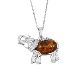Kiara Jewellery 925 Sterling Silver Large Elephant Pendant Necklace with Brown Baltic Amber on an 18" Sterling Silver Chain, Sterling Silver, Amber