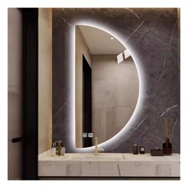Half Moon LED Bathroom Mirror, Semi Circle Wall Mirror with Anti-Fog, Half Circle Frameless Mirror with Dimmable Brightness & Time Display for Bedroom, Living Room, Cloakroom, Entryway