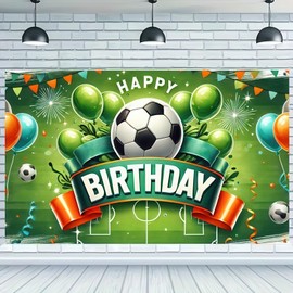 Soccer Theme Birthday Party Banner soccer birthday decorations Green Stadium and Balloons Backdrop, Ideal for Event Decorations, 71x43 Inches, Polyester Material