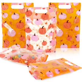FYSUIMU 50Pcs Fall Candy Bags with Handles Pink Orange Pumpkin Leaves Zip Lock Treat Bags Resealable Plastic Goodie Bag for Autumn Harvest Thanksgiving Party Favors