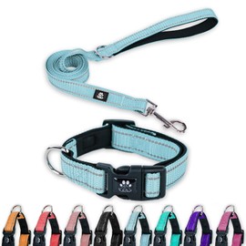 FURRYFECTION Reflective Dog Collar and Leash Set with Quick Release Buckle, Padded with Neoprene Adjustable Nylon Dog Collar for Small Medium and Large Dogs (Small Collar+5FT Leash, Blue)