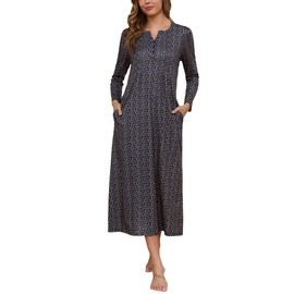 Marvmys Long Nightgowns for Women Long Sleeve Sleepshirts Loungewear Casual Sleepwear Loose Sleep Dress with Pockets Black Floral XL