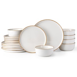 GBHOME Ceramic Dinnerware Sets for 6, 18 Pieces Stoneware Plates and Bowls Sets, Scratch Resistant Dishes, Dishwasher & Microwave Safe, Reactive Glaze-White