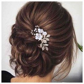 Erimberate Bohemian Crystal Flower Hair Comb Pearl Flower Hair Barrette Gold Leaf Headpiece Vintage Pearl Headwear Hairpiece Decorative Wedding Comb Hair Accessories Jewelry for Women and Girls Gifts (White Flower)
