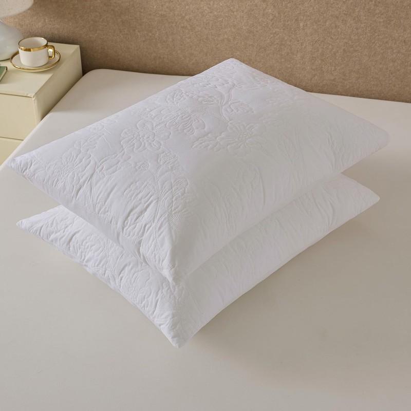 White Quilted Euro Shams Set of 2 Cotton Floral Large