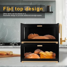 MinBoo Bread Box for Kitchen Counter, Large Bamboo Bread Storage Container with Arcylic Transparent Door, Bamboo Wooden Farmhouse Bread Box，Black