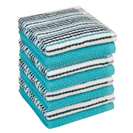 Bumble Premium Dish Cloths Towel 12"x12" | 100% Natural Ring Spun Cotton Tea Towel Set | 430 GSM | Highly Absorbent & Soft Dish Towels | 8 Pack - 4 Popcorn Striped & 4 Solid Kitchen Towels - Aqua