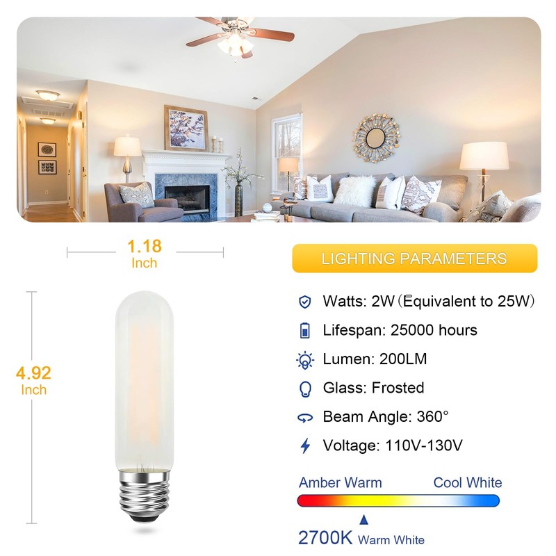 Frosted T10 LED Light Bulbs 25W Equivalent, E26 Base, 2700K