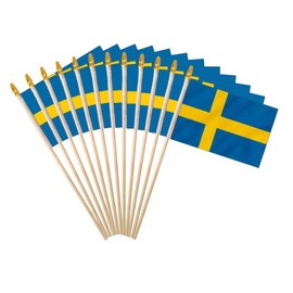 Sweden Stick Flag 4x6IN 12 Pack Small Mini Swedes National Handheld Flag with Wood Pole And Blunt Spear Top