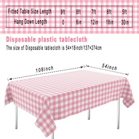 OLIVBIN 2 Pack Pink Gingham Tablecloth Pink and White Checkered Tablecloths Disposable Plastic Gingham Tablecovers Waterproof Rectangle Picnic Table Covers for Birthday Party Supplies，54 x 108 Inches
