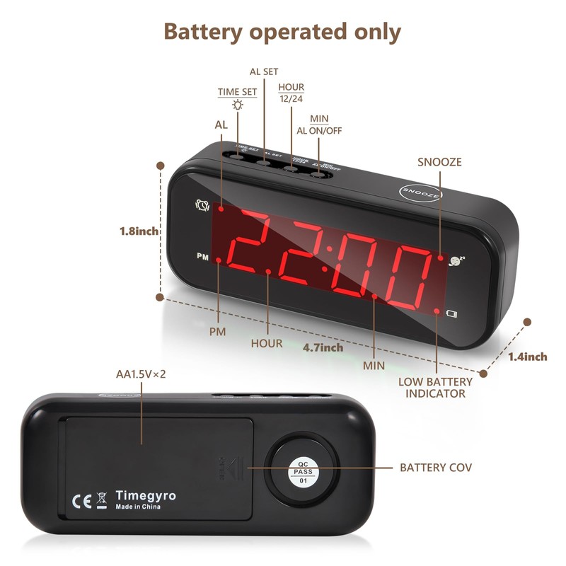 Timegyro Small Digital Clock Battery Operated, LED Travel Alarm Clock