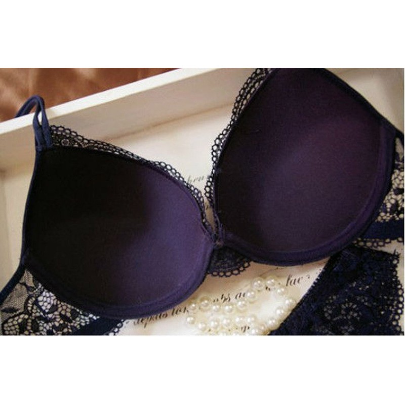 Nanier Women's Solid Lace Push up Bra Set Navy Blue