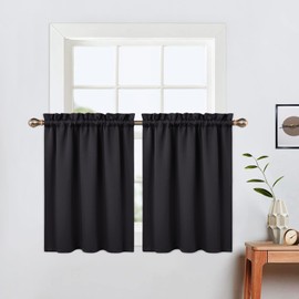 LinTimes Short Window Curtains, Blackout Curtain for Kitchen Windows, Thermal Window Treatment and Cafe Curtain for Room Darkening, 66 cm x 91 cm (26 x 36 inches), Set of 2, Black