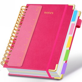 Hardcover Spiral Notebook 8"x10" Journal Notebook with Tabs and Removable Dividers 300 Pages 5 Subject Notebook College Ruled, Faux Leather Spiral Bound Notebook for Women, Students, School Work (Rose Red)