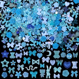Kikonoke 100 Pieces 3D Resin Butterfly Bear Nail Charms Rose Flower Peach Skirt Bow Deer Snake Rabbit Animal Shaped Nail Art Rhinestones Pearls for DIY Nail Art Decoration Making Craft (Blue)